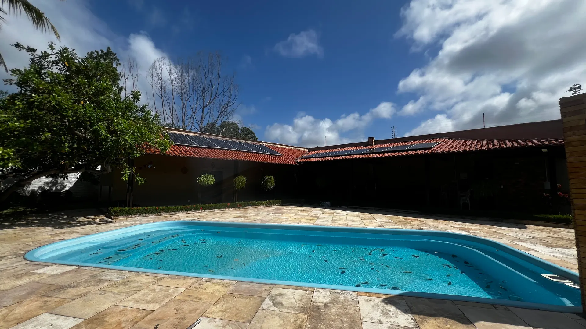 Piscina privativa com deck de pedra e a casa ao fundo